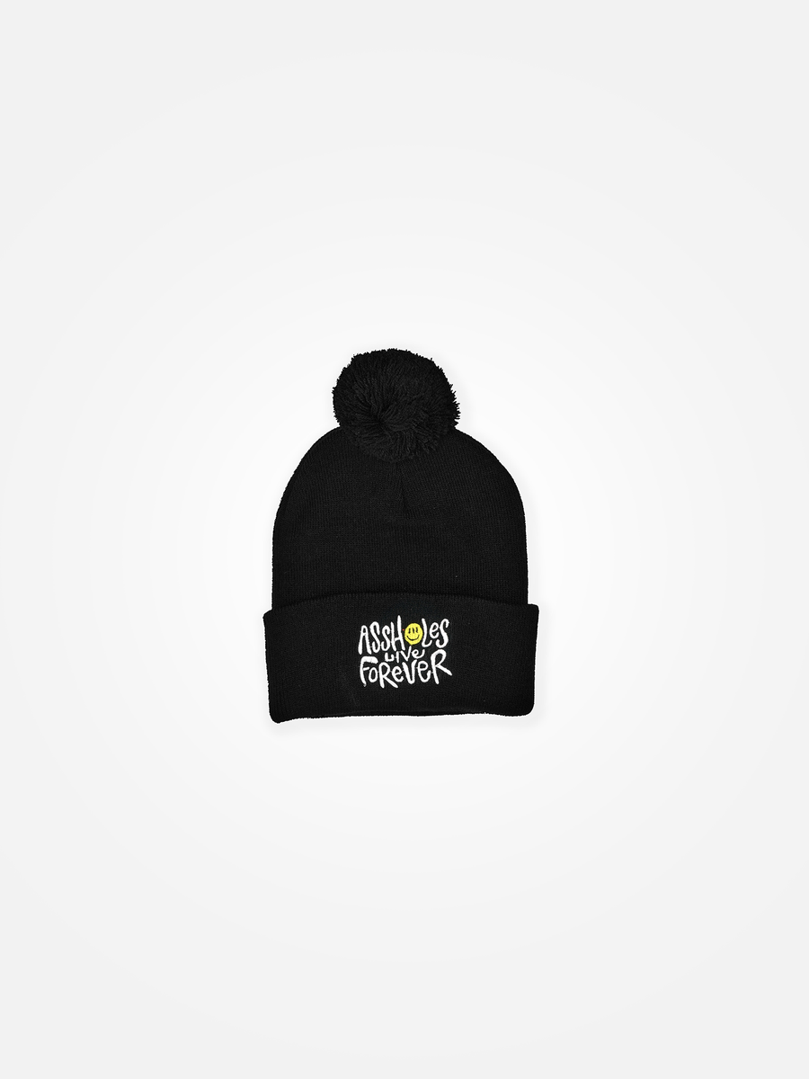 ASSHOLES LIVE FOREVER Happy Pom Beanie Black