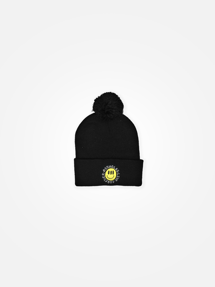 ASSHOLES LIVE FOREVER Smiley Pom Beanie Black