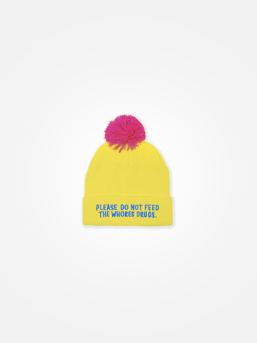 PLEASE DO NOT FEED THE WHORES DRUGS Pom Beanie Yellow